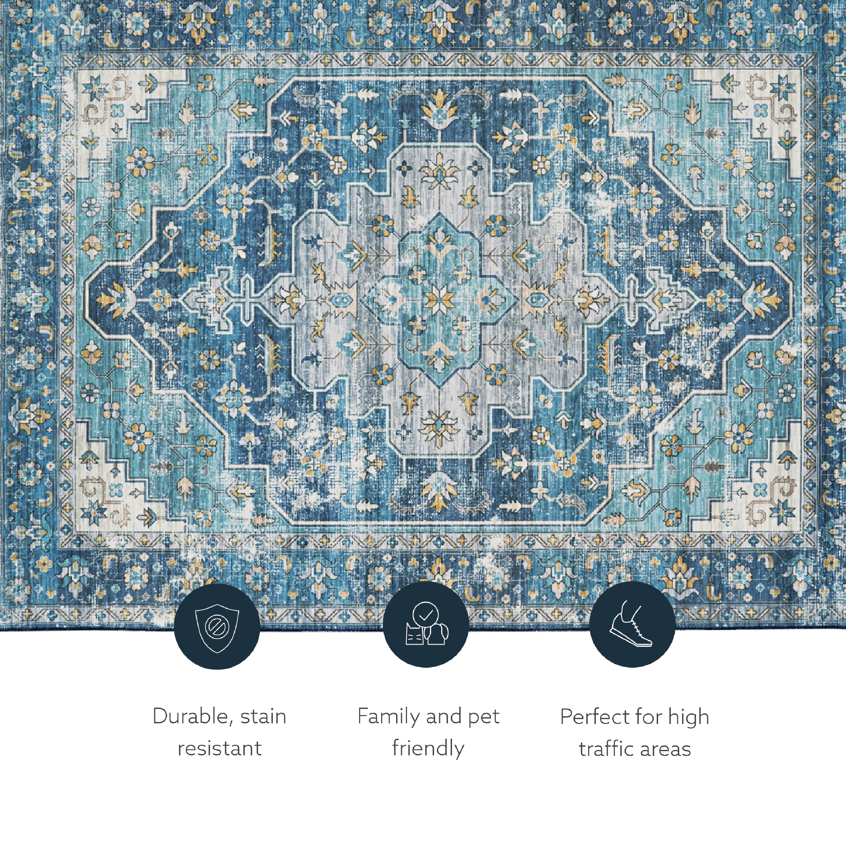 Linon Home Décor Washable Sariah Area Rug or Runner Collection, Teal and Ivory, 5' x 7'