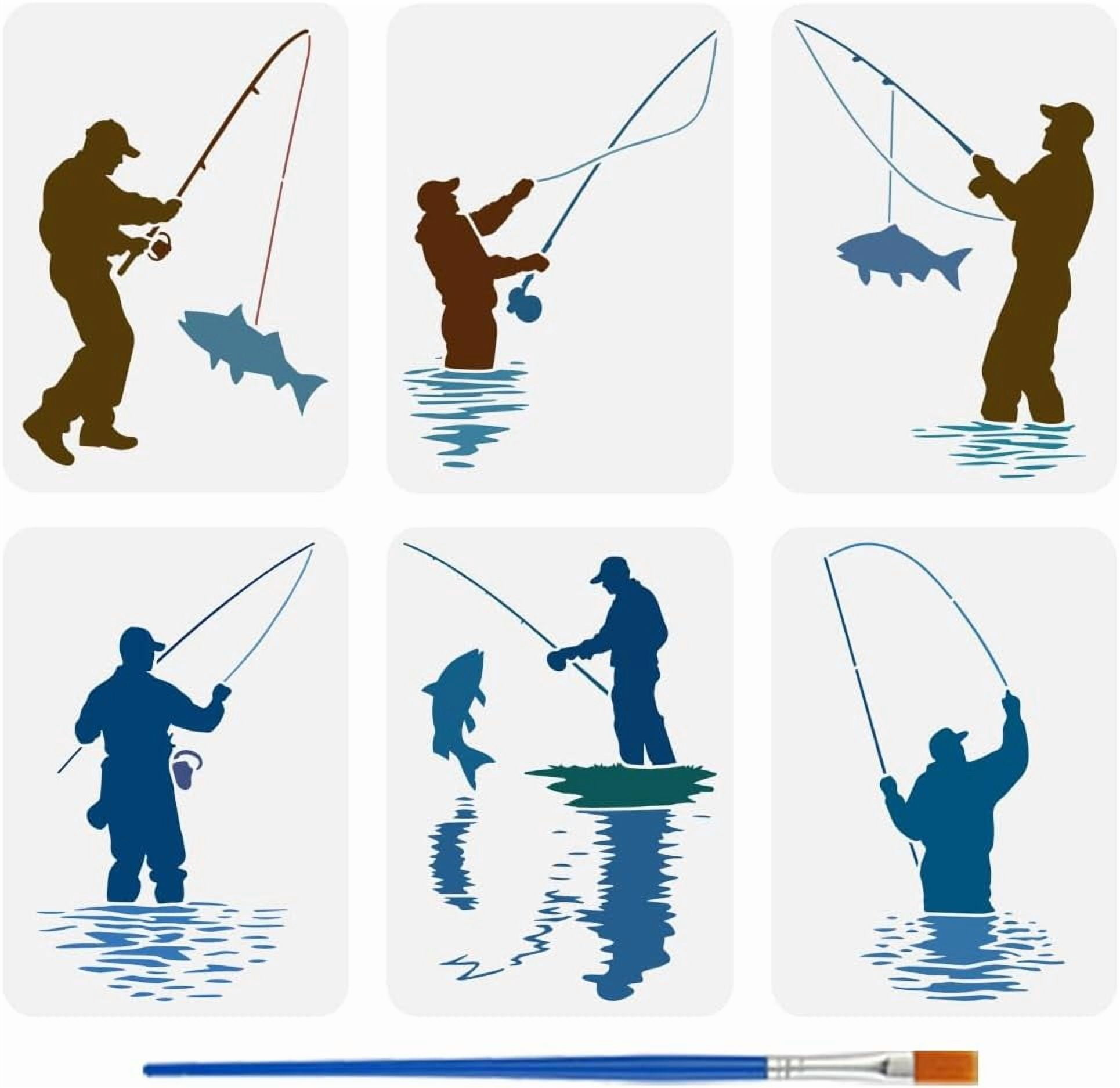 MAYJOYDIY Paquete De 2 Plantillas De Pesca De 30 X 30 Cm, Diseño De Pescador, Barco Y Cañas, Para Paredes, Muebles, Lienzo, Decoración De Bricolaje