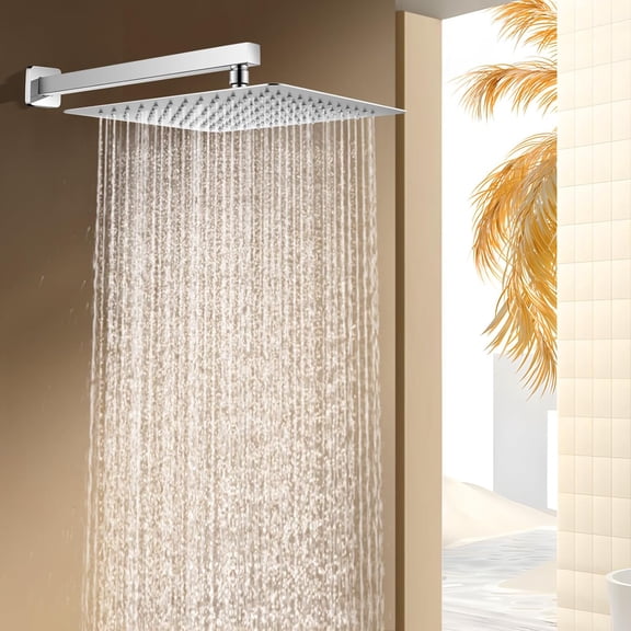 Rain Shower Head with Extension Arm Polished Chrome, 12" Rainfall Square Showerhead with 16" Shower Arm All Stainless Steel, 144 Outlets Waterfall Full Body Coverage