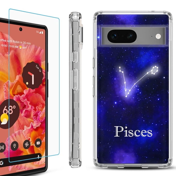 Shockproof Bumper Phone Case for Google Pixel 7, with Tempered Glass Screen Protector, by OneToughShield ® - Pisces