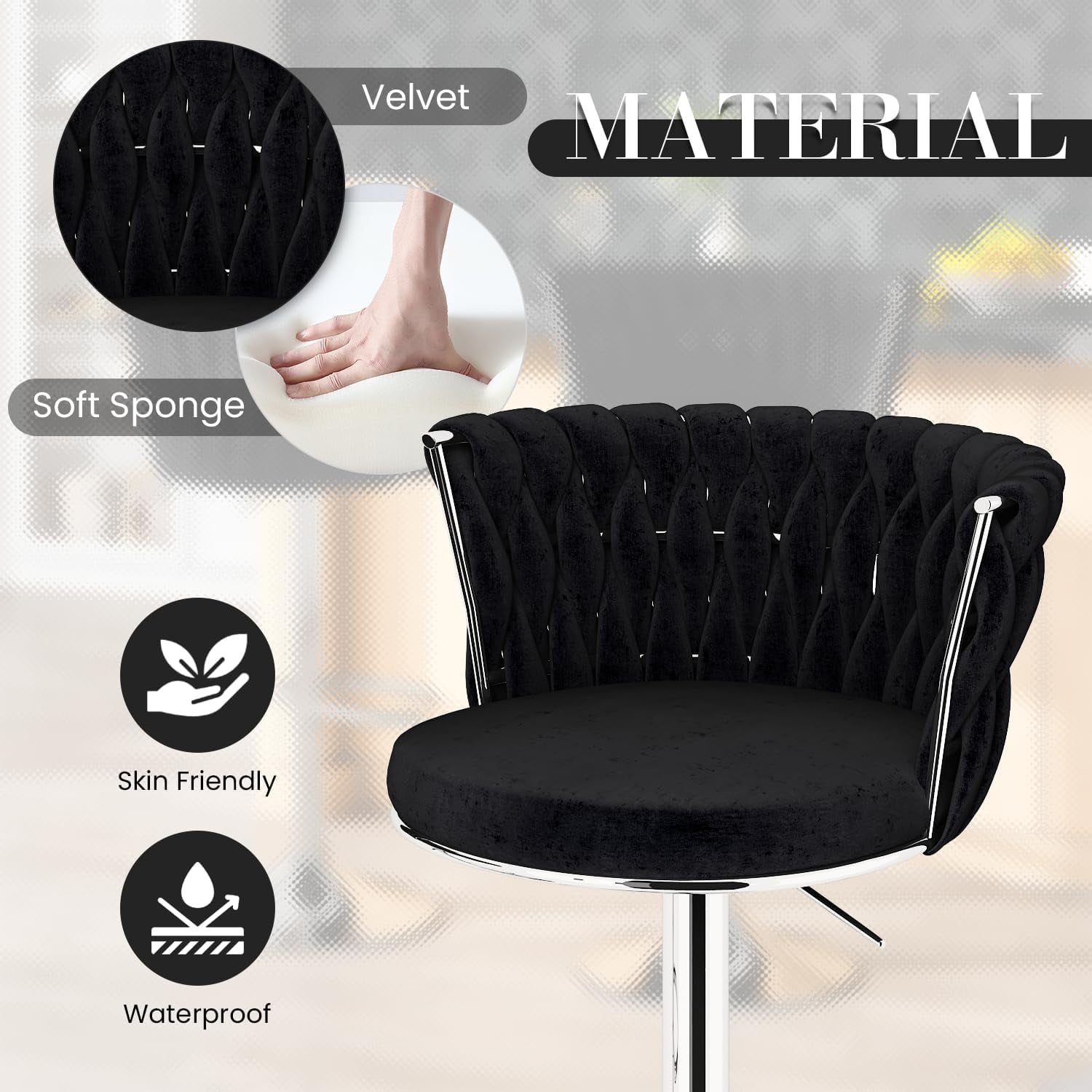 LinkRomat Velvet Bar Stools Set of 2,Swivel Counter Height Bar Stools with Backrest and Footrest,for Kitchen Island Dining Chairs,Black