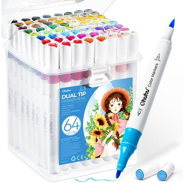 Marcadores para Colorear Ohuhu 64 Colores con Punta Doble a Base de Agua