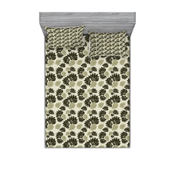 Floral Bedding Set with Sheet & Covers, Antique Art Illustration with Flower Silhouettes Natural Theme, Printed Bedroom Decor 2 Shams, 4 Sizes, Green Pale Green, by Ambesonne