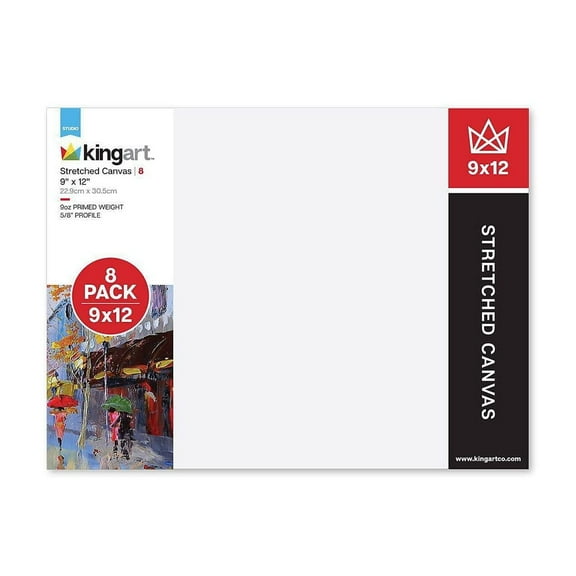 KINGART Stretched White Canvas 9" x 12", 100% Cotton, Gesso-Primed, 8-Pack
