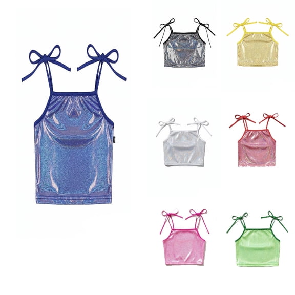 DGMIOCS Girls Sequin Tank Tops Kids Sleeveless Spaghetti Strap Crop Cami Camisole Sparkly Dance Blouse Metallic Performance Dancewear Size: 3-4 Years Blue