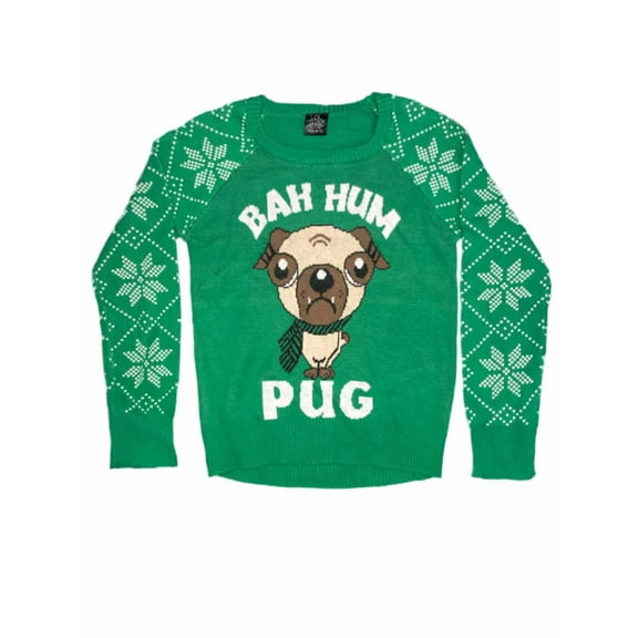 Girls Green Puppy Dog Snowflake Ugly Christmas Sweater Bah Hum Pug Holiday Knit