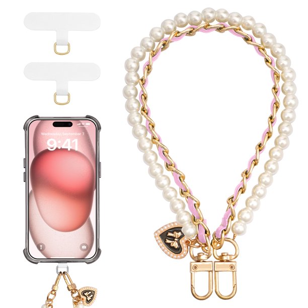 Correa de pulsera TimoVo con perlas con cuentas para teléfono, oro y rosa