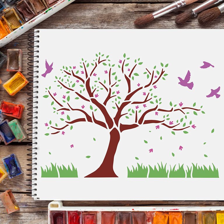 9pcs Life of Tree Painting Stencil Reusable Tree and Flying Birds Stencils