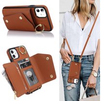 iPhone 11 Phone Case Wallet with Strap for Women,Crossbody Lanyard and Wristlet Strap,Zipper Pocket,Credit Card Holder,Ring Stand,RFID Blocking Phone Wallet Cases(6.1 inch,Brown)