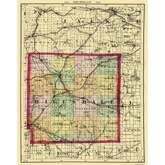 Historic County Map - Hillsdale County Michigan - Walling 1873 - 23 x 29 - Vintage Wall Art