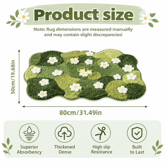 FeiFu Moss Tufted Floral Rug for Bedroom, Soft Plush Irregular Mat for Living Room, Cute Green Grass Floor Carpet with Flower, Aesthetic Home Decor Accent.