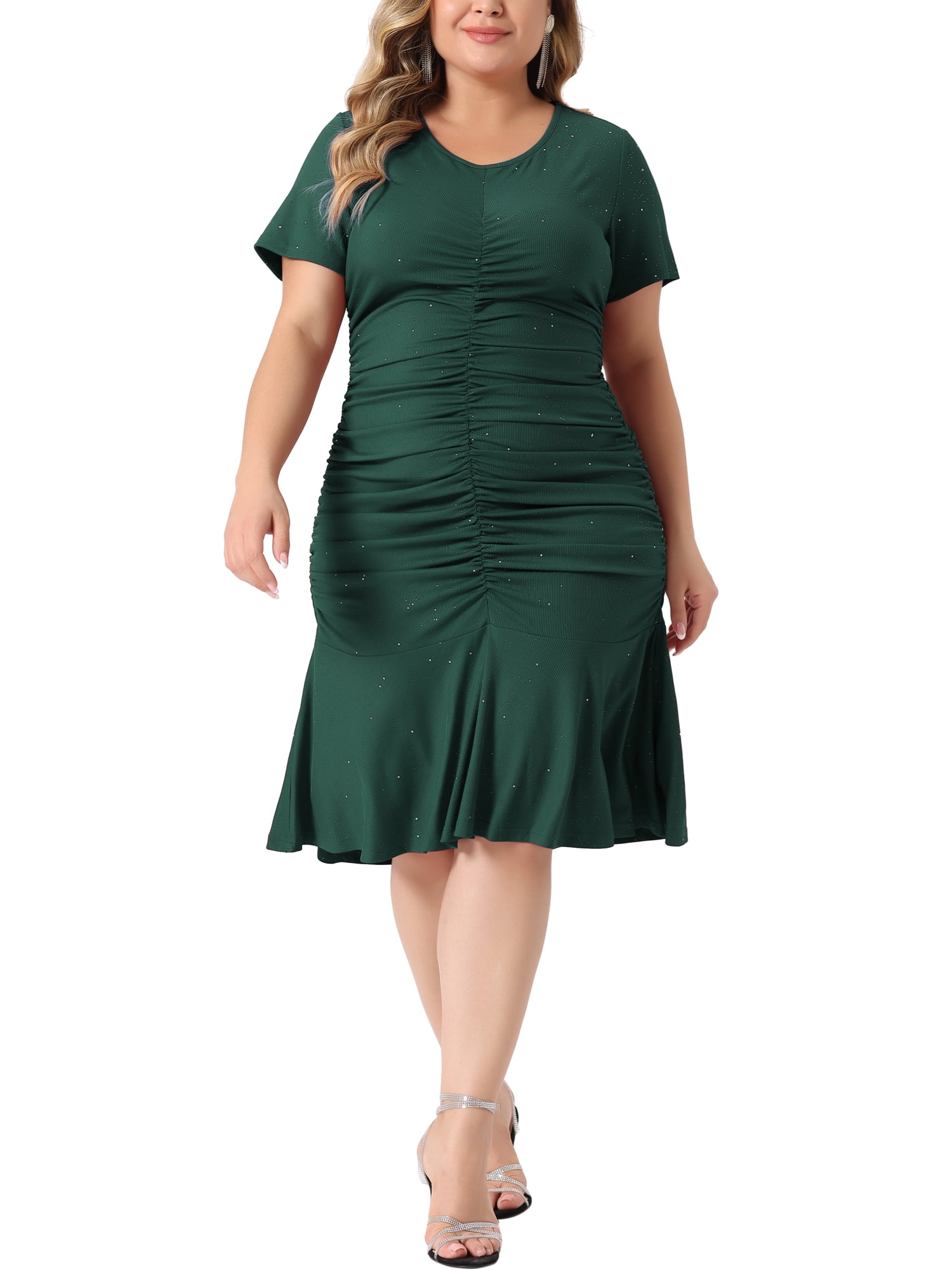 Unique Bargains Women Plus Size Ruffle Hem V Neck Short Sleeve Sequin Ruched Dresses 4X Dark Green
