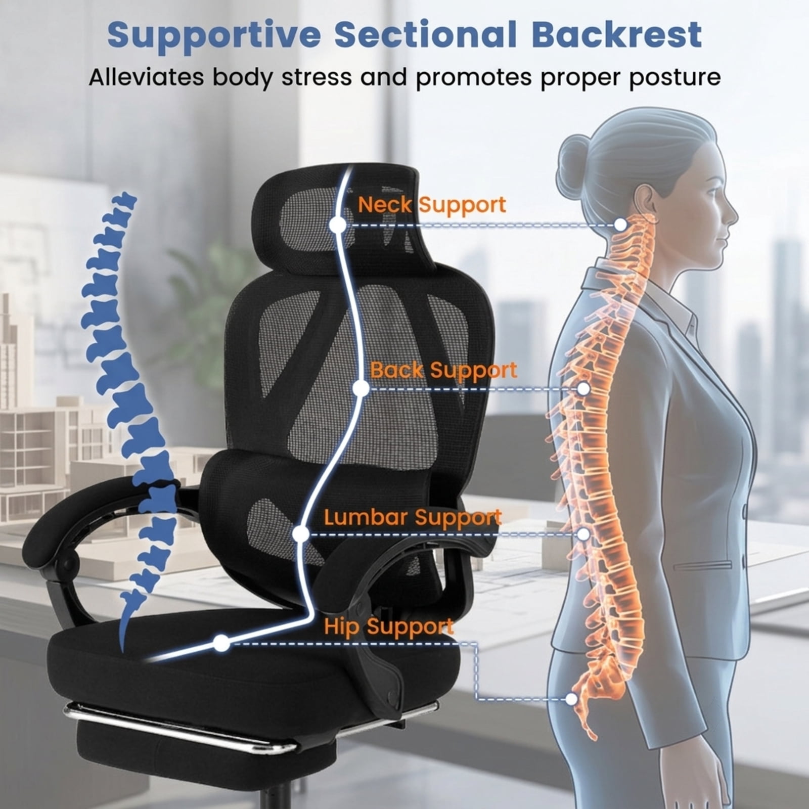 Furnibear Ergonomic Office Chair High Back Mesh Desk Chair with Retractable Footrest Adjustable Headrest and Lumbar Support, Black