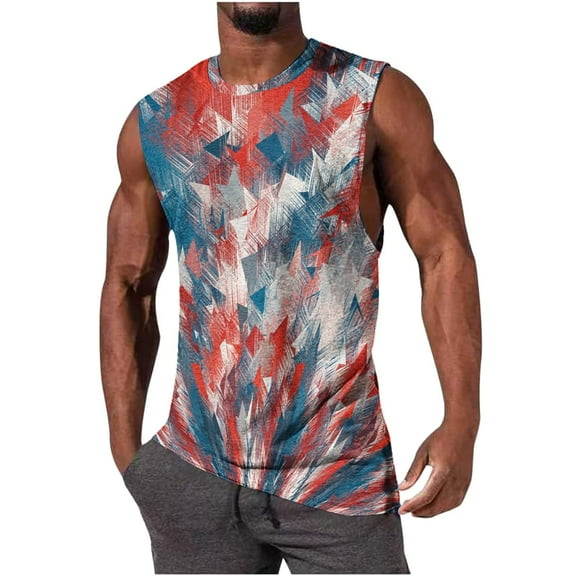 WAVSUF Summer Sports Tank Tops for Mens Quick Dry Vest Muscle Gym Undershirts Tank Printed Round Neck Tops Hawaiian shirt Sleeveles Pullover Red Size M