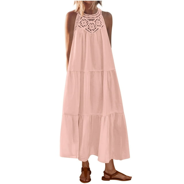 Staron Robes d'Été pour Femmes 2025 Boho Printemps à Étages Sans Manches Robe Maxi Col Licou Ligne A Longue Fluide Robes de Vacances avec Poches