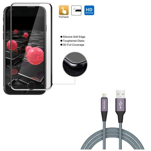 iPhone 8/7/6S/6 - Charger Cord 6ft USB Cable w Tempered Glass Screen Protector - Power Wire Braided Long Sync, 3D Curved Edge Full Cover HD Clear 9H Hardness for iPhone 8/7/6S/6