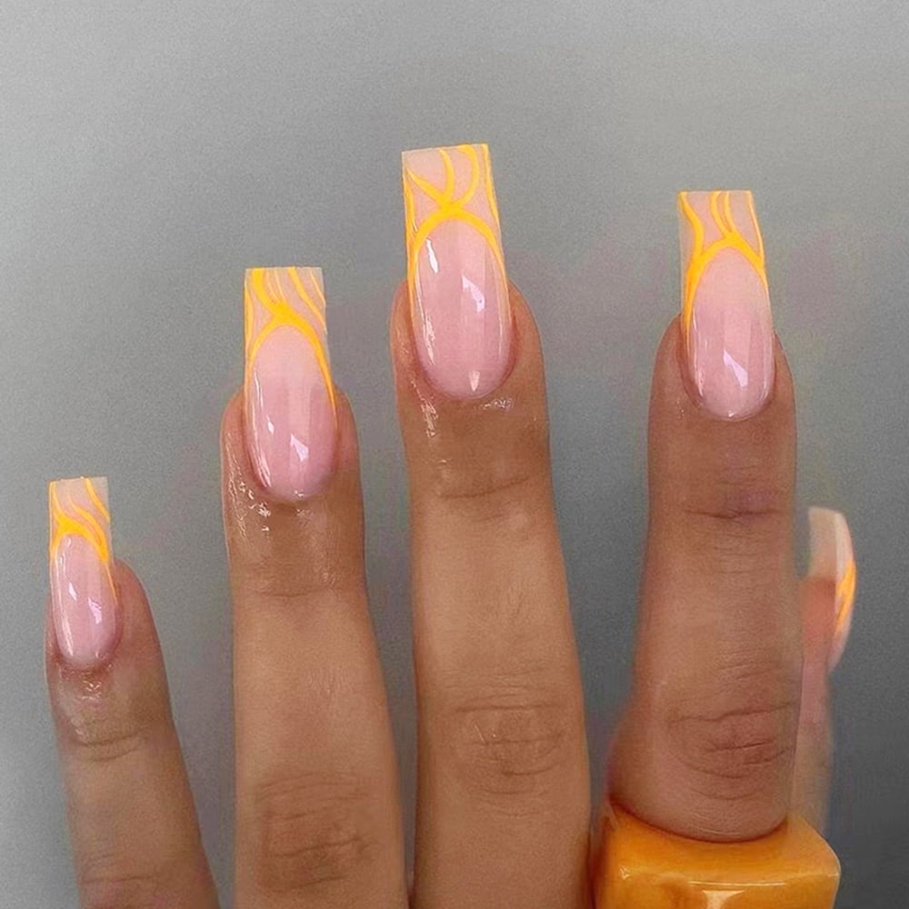 24pcs Long Square Yellow Acrylic Nails With Dollar Coin Design, Comes With  1 Piece Of Nail File And 1 Piece Of Jelly Gel, Suitable For Women And Girls