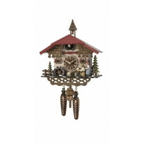 Quartz Cuckoo Clock Black Forest house with music, turning mill-wheel, the beerdrinker and the Black Forest Girl lift their arm