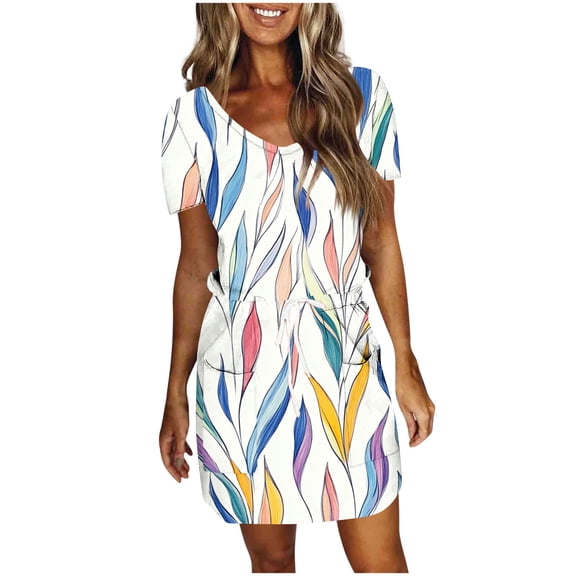 Cmfcve Women's Summer T-Shirt Dress Short Sleeve Tie Bohemian Dress V-Neck Printed Midi Dresses with Pockets