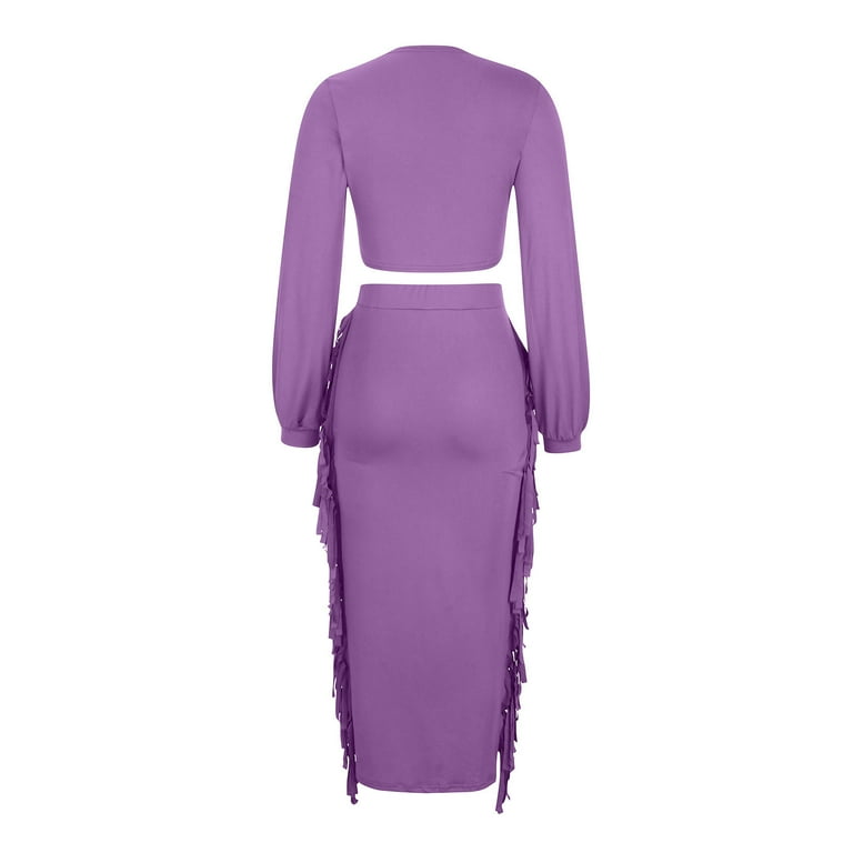 Two Piece Club Outfit for Women Long Sleeve Front Tie Up Crop Top Blouse Fringe Slim Fitted Pencil Skirt Maxi Dress