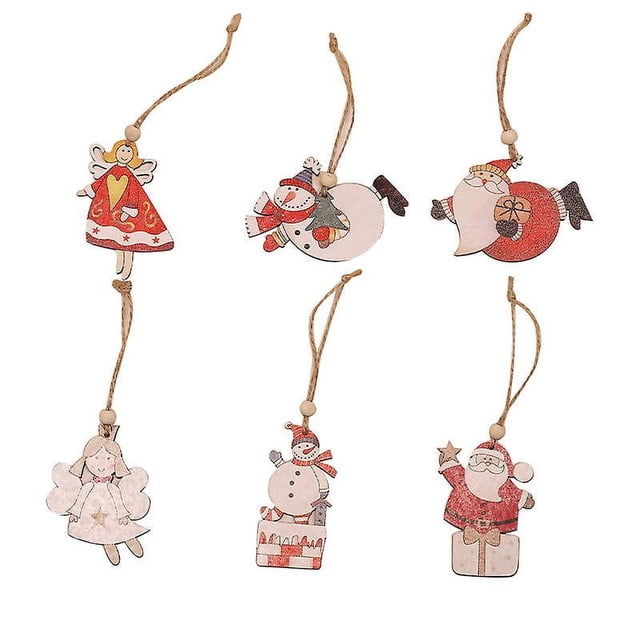 12 piezas de adornos navideños, colgantes navideños de madera, decoración para árbol de Navidad, colgante de Papá Noel, muñeco de nieve, reno, colgante para árbol de Navidad