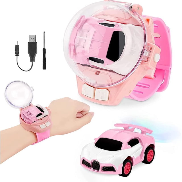 Hweilai Watch Remote Control Car Toy, 2023 Mini Cartoon RC Car Analog Watch, 2.4G Long Distance Infrared Remote Control Sensing Model Car Toys, Racing Car Watch, Interactive Game Toys for Kids-Pink