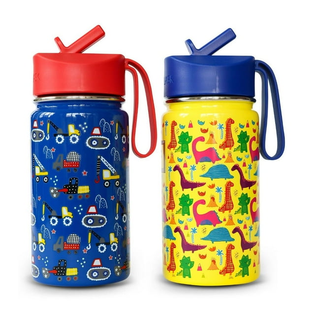 Iron Flask Kids 14-oz BPA Free Stainless Steel Insulated Water Bottles, 2 Pack, Includes 4 Reusable Straws, Choose Color