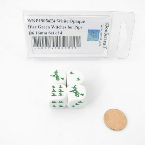 White Opaque Dice with Green Witch Hats for Pips D6 16mm (5/8 inch) Set of 4 Wondertrail