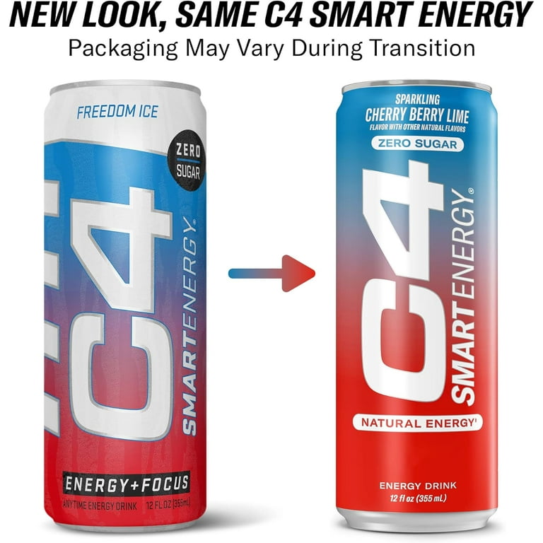 C4 Smart Energy Drink, Cherry Berry Lime, Zero Sugar, Carbonated, Nootropic  Brain Booster, 12 oz, 12 pack 