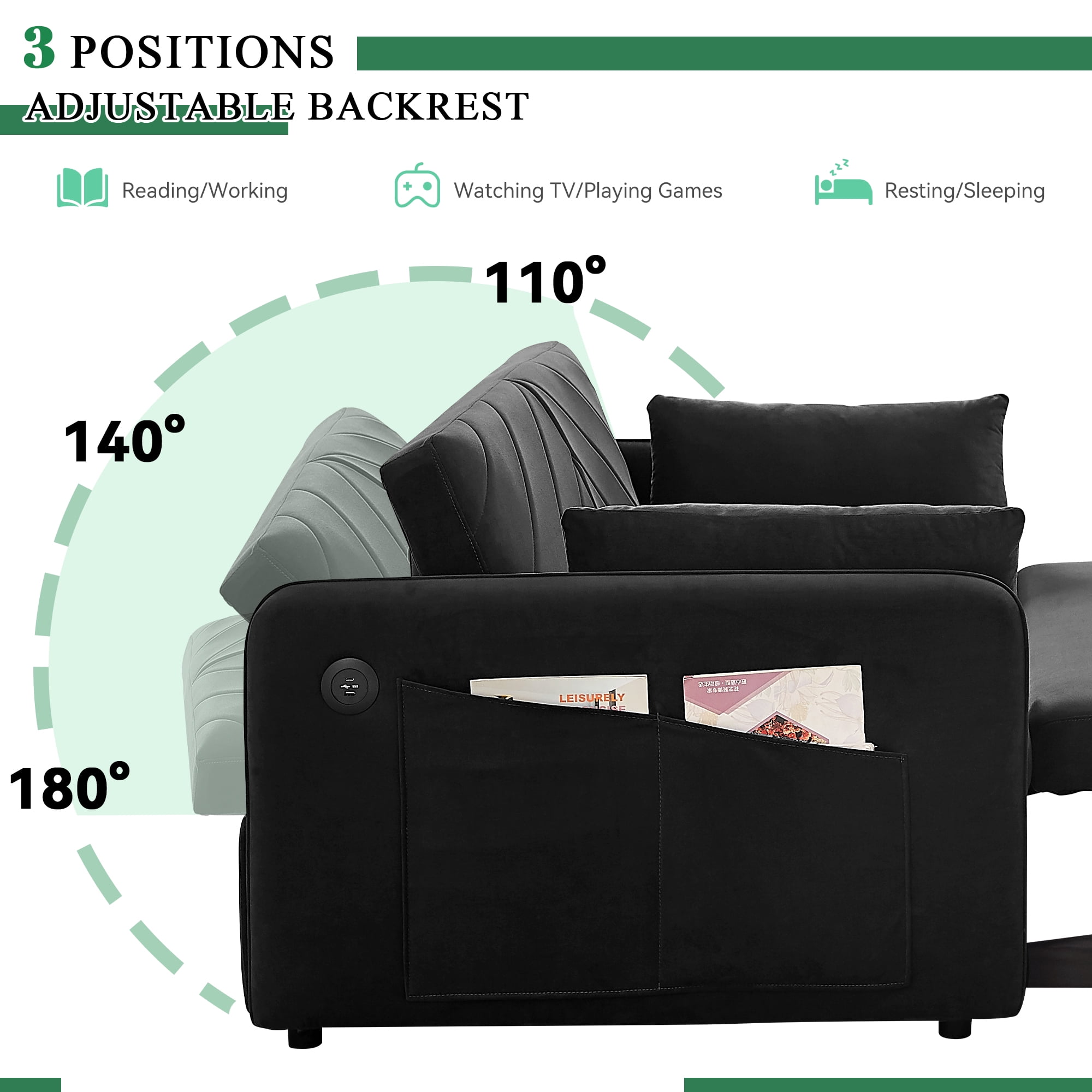 Dinosisco Convertible Sleeper Loveseat with USB, 55" Velvet Futon Sofa Bed, Black