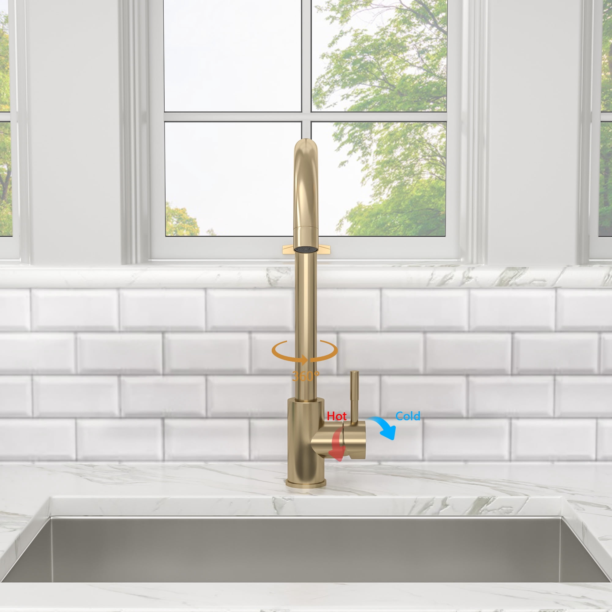Izzovium Gold Kitchen Sink Faucet with Single Handle, 14.8" High Arc Spout, 360° Swivel, Stainless Steel Construction, Includes Water Supply Hoses