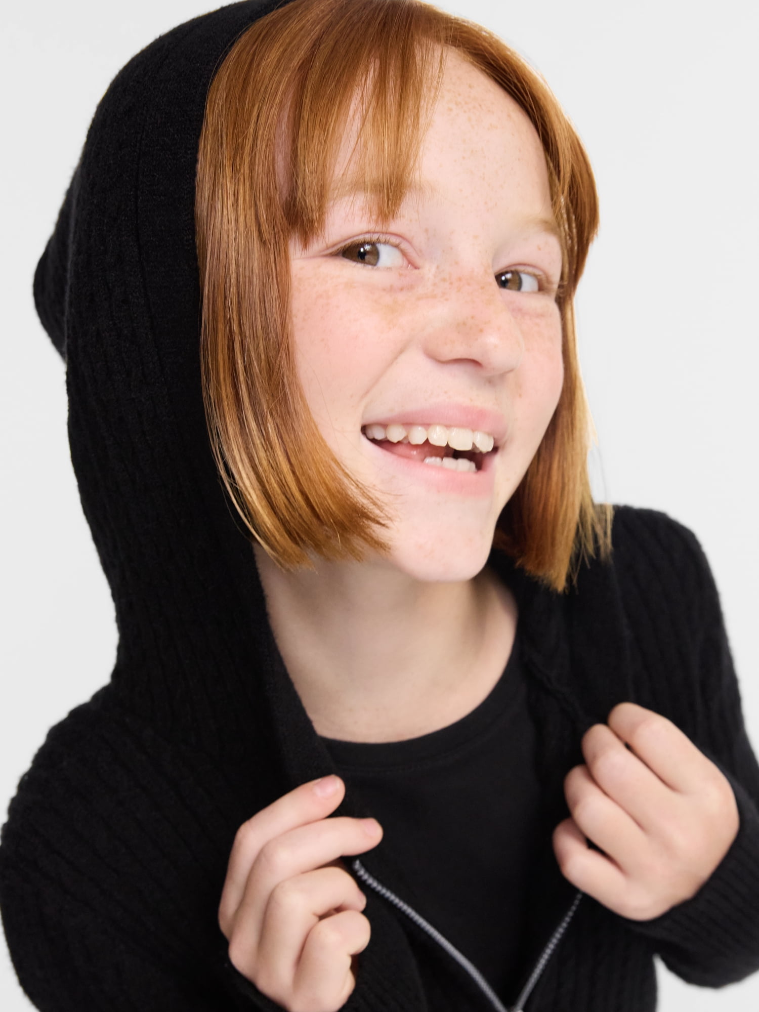 Wonder Nation Girls Ribbed Knit Hooded Full Zip Sweater, Sizes 4-18
