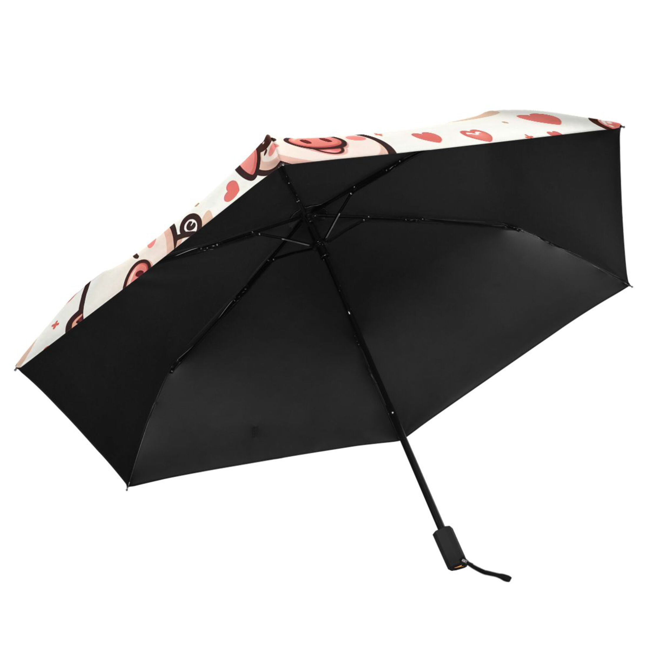 Cute Pig with Hearts Compact Sun Umbrella Windproof Travel Umbrellas for Rain Strong Portable UV Protection