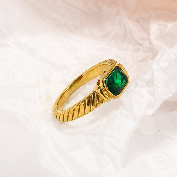 304 Stainless Steel Pave Cubic Zirconia Finger Rings for Women Rectangle Real 18K golden Plated Faceted Green Size 9(18.9mm)