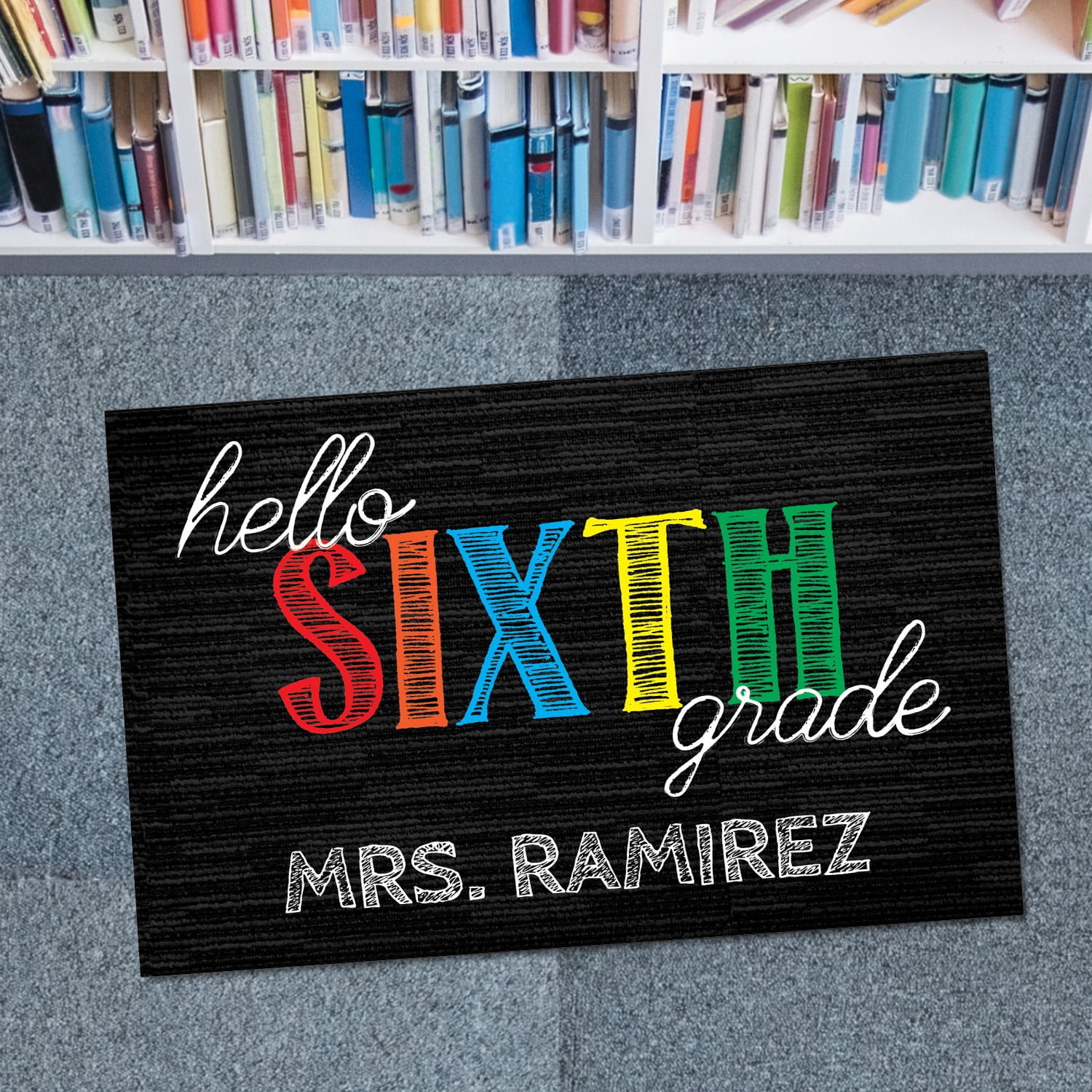 Personalized Planet 27x18 Hello Sixth Grade Doormat with Custom Teacher Name Printed on Black Rectangular 1/8” Thick Non Slip Mat for School Classroom or Home