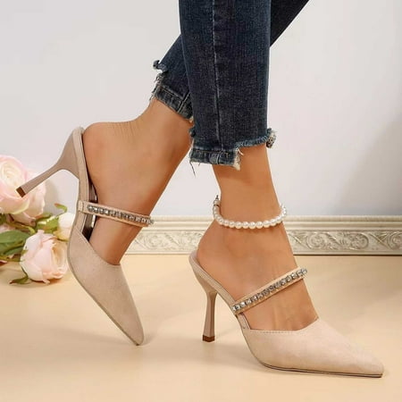

Jacenvly 2024 New Women s New Large Size Pointed Head Fashion Semi-Drag Rhinestone High Heels Sandals Beige Sandals for Women Clearance