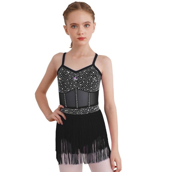 Doomiva Kids Girls Ballet Gymnastics Latin Jazz Dance Dress Lyrical Skirted Leotard Tassel Performance Bodysuit Black 14