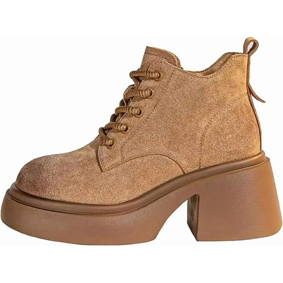 Women's Leather Lace-Up Platform Block Heel Ankle Boots Round Toe Side Zipper Comfortable Non-slip Mid Chunky Heel Combat Boots Casual Fashion Dress Bootie