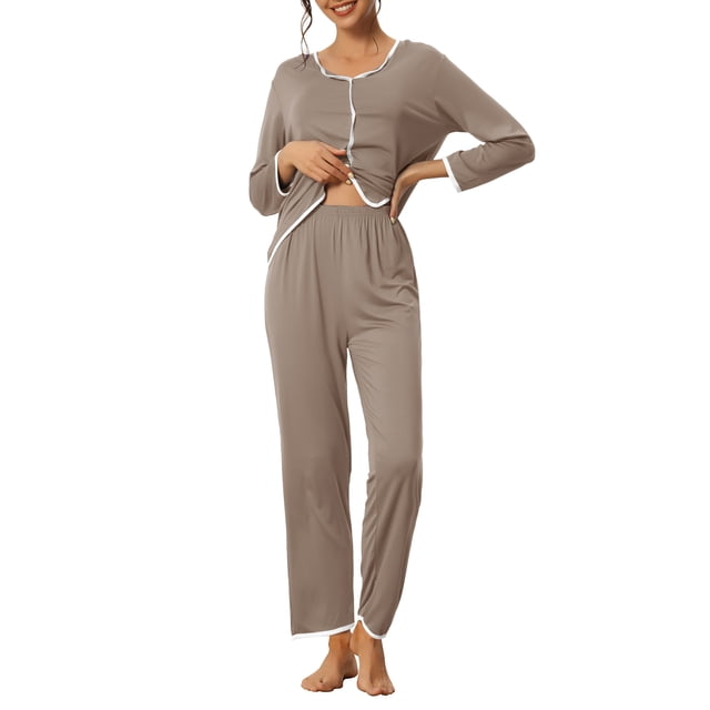 Conjuntos de lounge para mujeres INSPIRE CHIC, camisetas de manga larga con pantalones, conjuntos de pijama talla S en color caqui