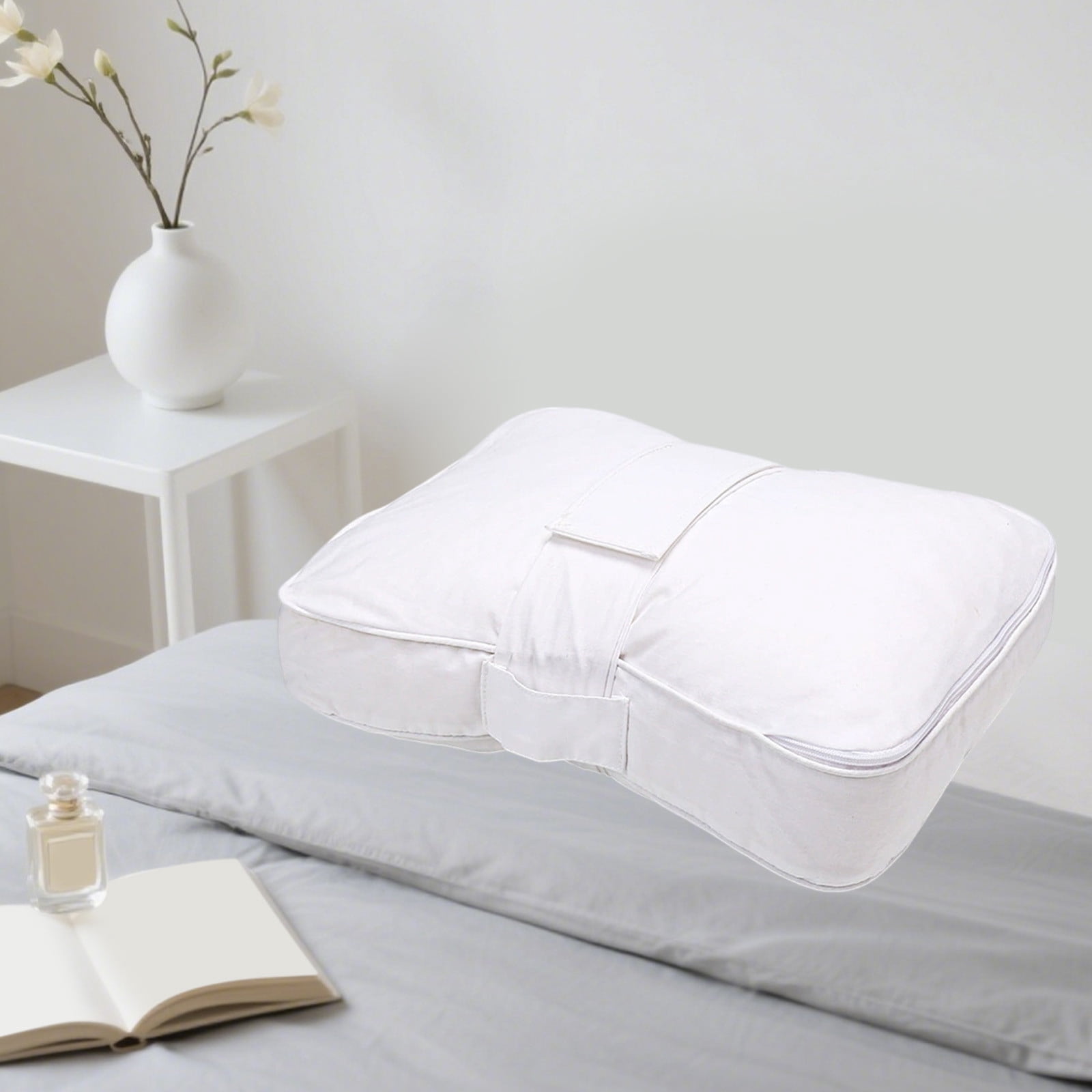 Pregnant Women’s Leg Pillow with Straps, Ergonomic Knee Cushion, Breathable Nylon, 34x24x7 cm, White, Pressure Relief for Side Sleeping and Travel