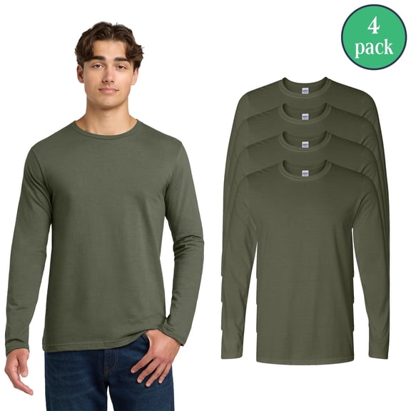 Gildan Softstyle Long Sleeve T-Shirt, Crewneck Cotton Tee for Men, Military Green, 4 Pack Shirt, S