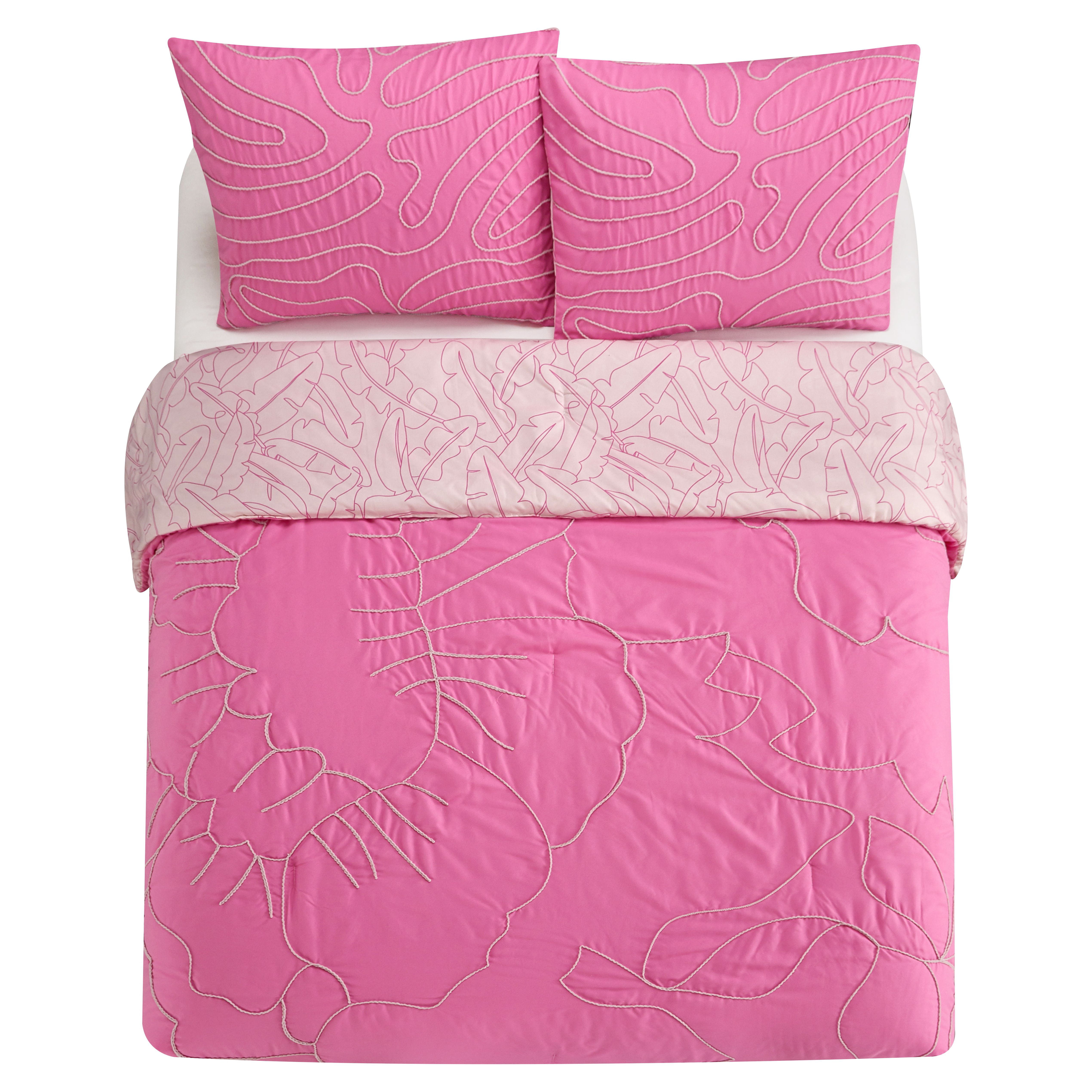 Room Revival 3-Piece Kids Comforter Set with Tufted Embroidery, Pink Flowers and Waves, Full/Queen
