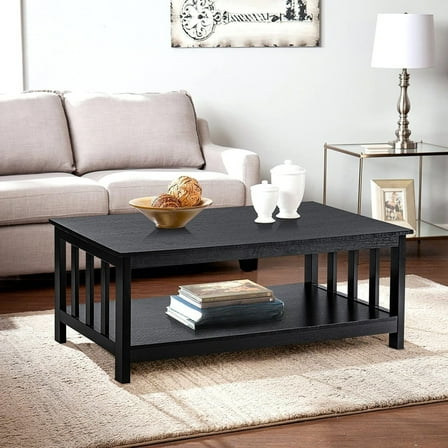 Coffee table, wooden living room table with shelves, black