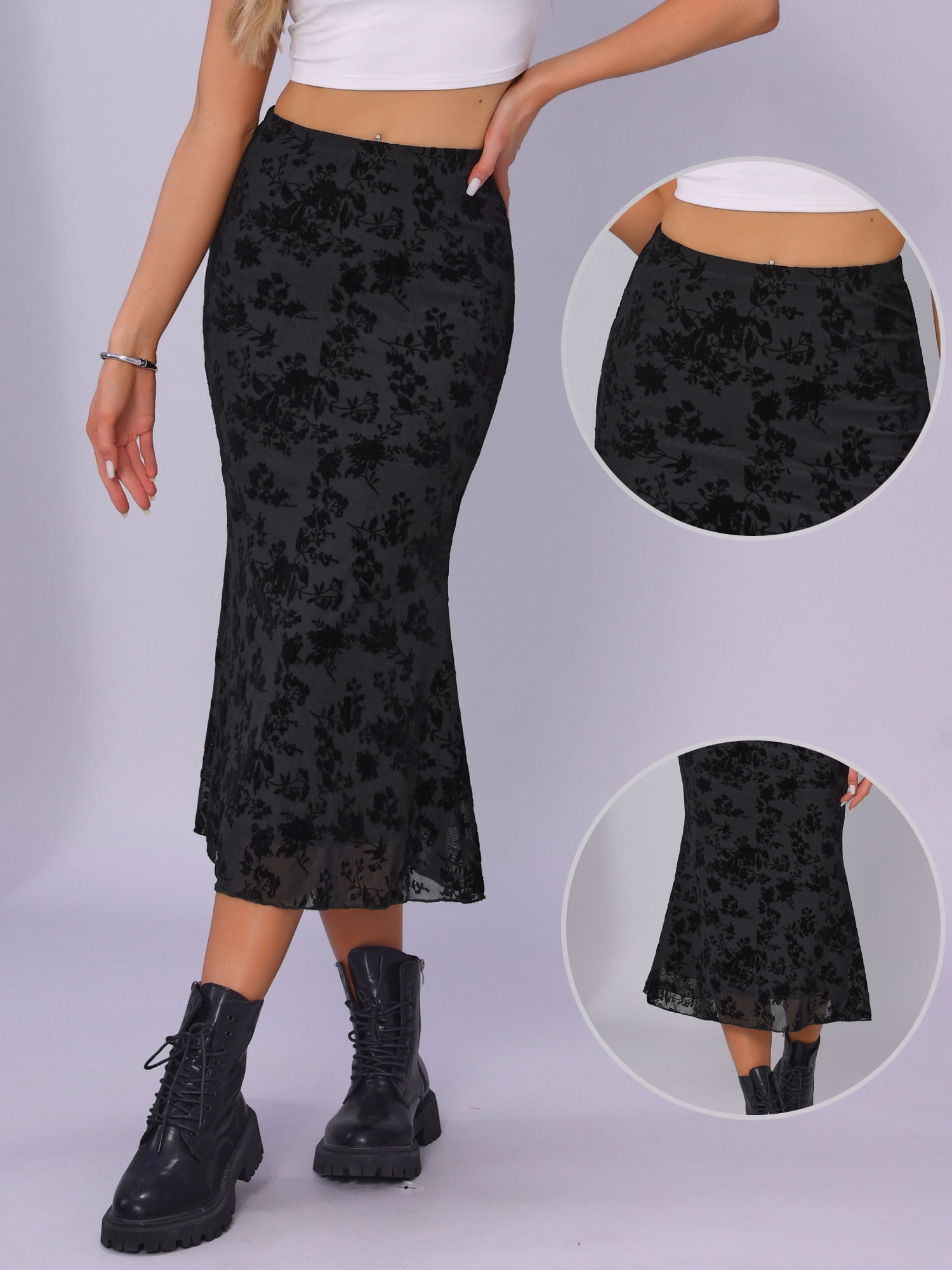 DARING DIVA Women's High Waist Bodycon Mesh Fishtail Midi Skirts XS Black