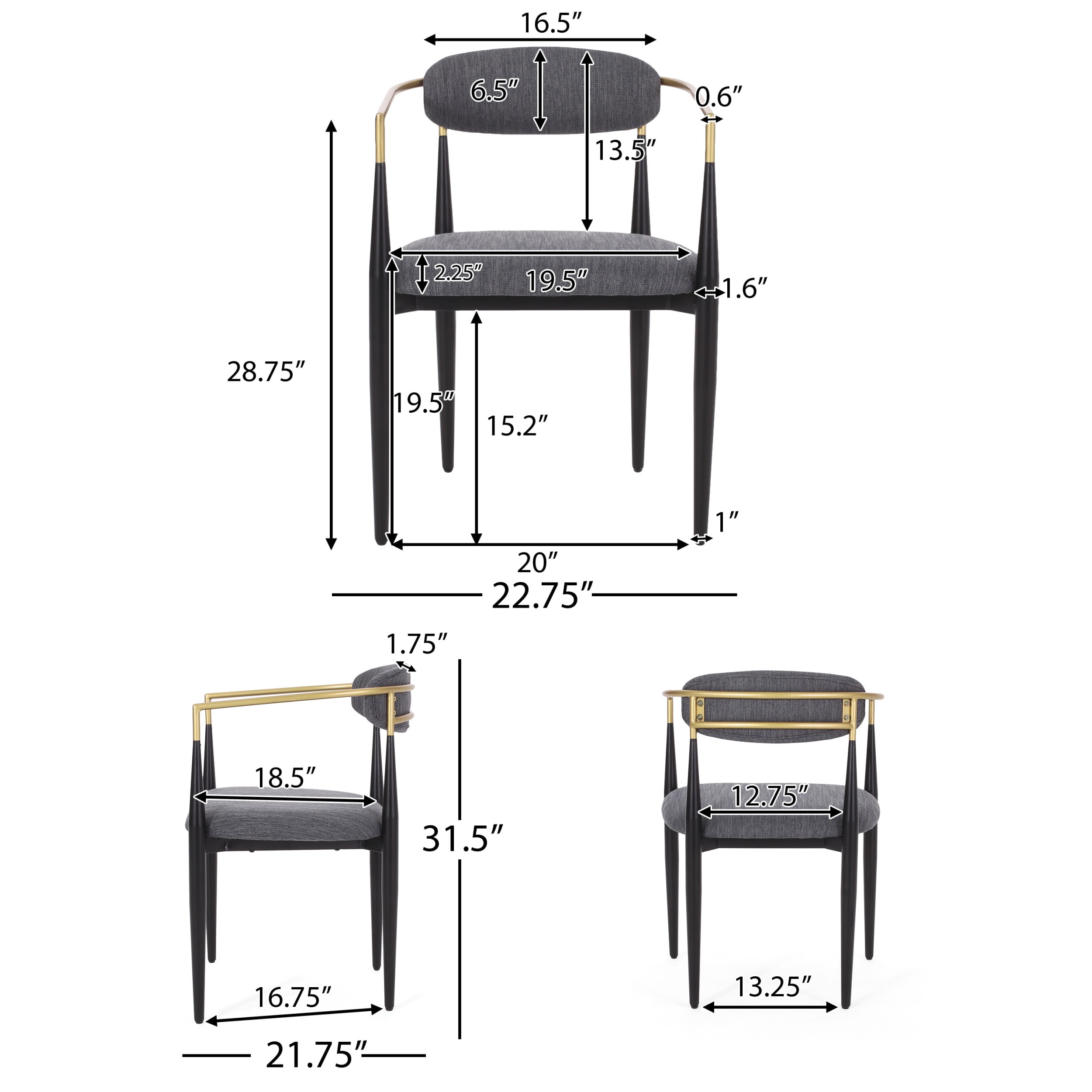Noble House Boise Fabric Upholstered Metal Dining Chairs, Set of 2, Charcoal, Black, and Gold