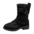 thumbnail image 5 of Womens Riding Boots Fashion Splice Leather Lace up High Top Winter Motorcycle Booties Lug Sole Low Heel Mid Calf Boots Black 6, 5 of 5