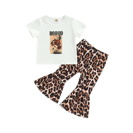 

Qtinghua Toddler Baby Girls Western Outfits Short Sleeve Cowboy T-Shirt+Leopard Bell Bottom Pants Summer Clothes White 9-12 Months