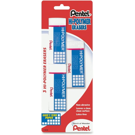 Pentel, PENZEH10BP3K6, Hi-Polymer Eraser, 3 / Pack, White