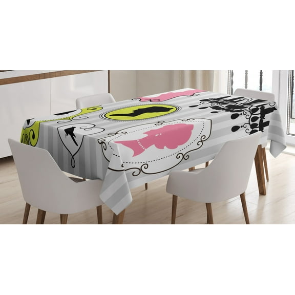 Vintage Woman Tablecloth, Vintage Frames with Silhouette Lady Portraits and Bird Hanging on the Wall, Rectangular Table Cover for Dining Room Kitchen, 60 X 90 Inches, Multicolor, by Ambesonne
