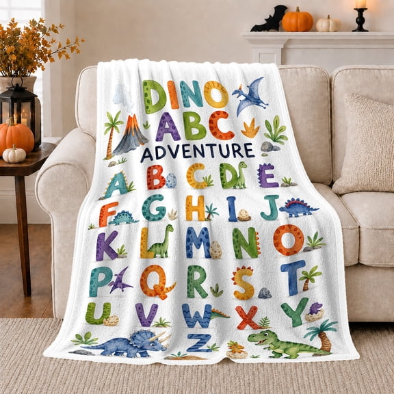 Dino ABC Adventure Alphabet, Cheerful Educational Style for Dinosaur Lovers, Colorful Letter Learning Pattern and Birthday Gift, Soft Flannel Blanket for Playroom and Bedroom, Home Decor